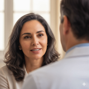 Mulher (40-50 anos) com expressão de alívio e confiança durante consulta, conversando com Dr. Jairo, médico de costas, em close-up. Foco na interação paciente-médico