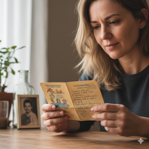 Adulto olhando sua carteira de vacinação, refletindo sobre as vacinas para adultos.