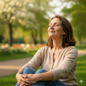 Mulher praticando respiração para aliviar os sintomas emocionais da menopausa.
