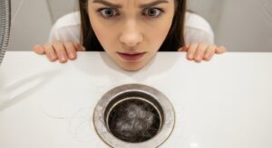 Cabelo acumulado no ralo do chuveiro, um sintoma da queda de cabelo por estresse.