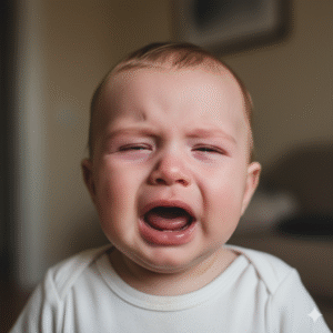 Bebê chorando sem lágrimas, um sinal de alerta para a criança com diarreia.
