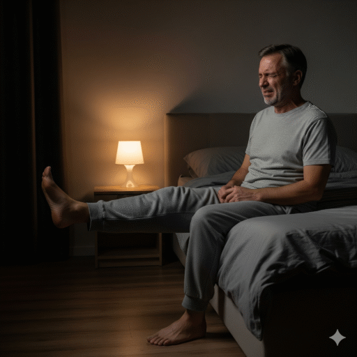 Homem sentindo dor intensa no pé durante uma crise de gota, sem conseguir encostá-lo no chão.