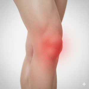 joelho com artrose, destacando a inflamação e a dor. Representação visual da osteoartrite do joelho, em artigo de tratamentos, sintomas e prevenção da artrose.
