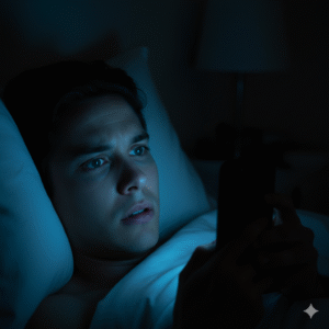 Pessoa usando o celular na cama, um erro para quem quer aprender como dormir melhor.