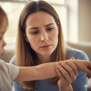 Mãe examinando o braço do filho, preocupada com o aparecimento de uma criança com manchas vermelhas na pele.