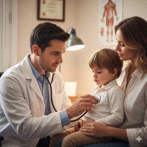 Médico examina paciente para descobrir a causa da febre em criança.