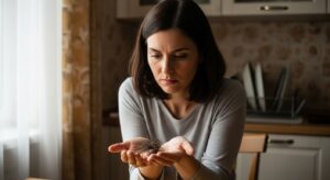 Mulher observando a queda de cabelo nas mãos, um sinal de estresse ou outro desequilíbrio.