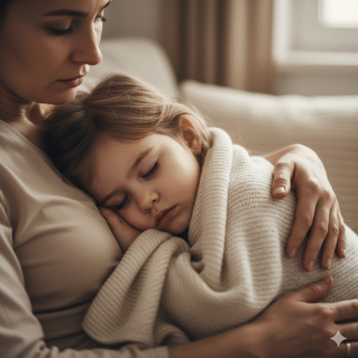 Pai acolhendo o filho doente, uma situação comum com criança com diarreia.