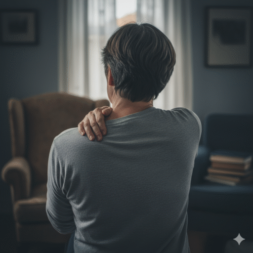 Pessoa sofrendo com dor no ombro persistente, possivelmente tendinite ou bursite.