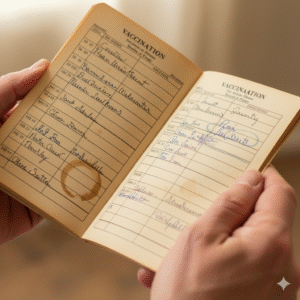 Mãos segurando uma carteira de vacinação antiga para revisar as vacinas para adultos.
