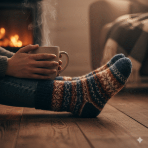 Pés com meias grossas, ilustrando a sensação de frio, um dos sintomas de hipotireoidismo.
