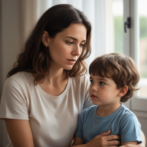 Mãe observa atentamente o filho, buscando por sinais de alerta de doenças respiratórias.
