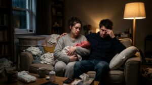 Pai e mãe exaustos e preocupados tentando acalmar um bebê chorando muito, ilustrando o desafio da cólica do lactante.