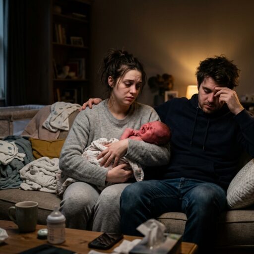 Pai e mãe exaustos e preocupados tentando acalmar um bebê chorando muito, ilustrando o desafio da cólica do lactante.