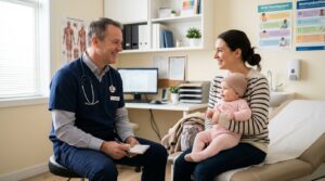 Médico de família orientando mãe sobre os cuidados com o choro do bebê e a cólica do lactante.