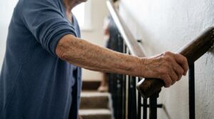 Detalhe da perda de volume muscular no braço de um idoso, um sinal clínico importante da sarcopenia.