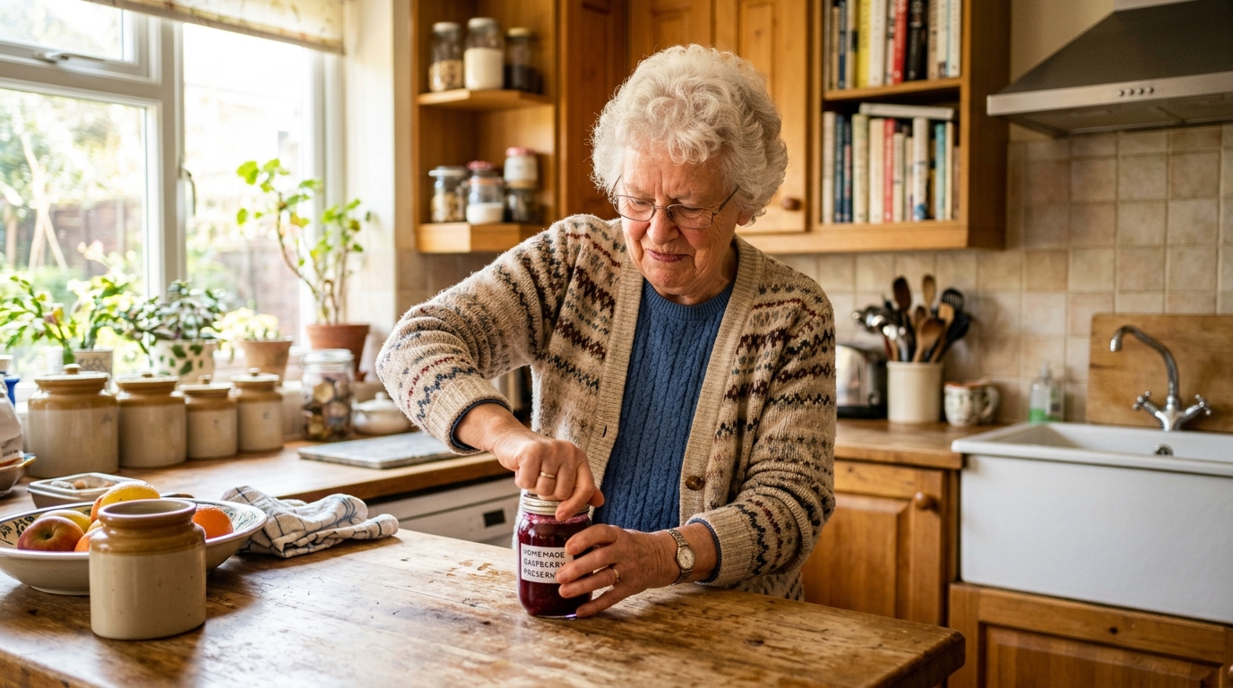 Idoso esforçando-se para realizar uma tarefa manual simples, representando os sinais iniciais da perda de força muscular e sarcopenia.