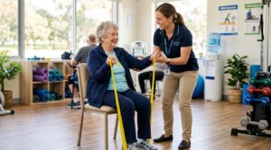 Idoso praticando exercícios de fortalecimento muscular sob orientação, método eficaz para tratar a sarcopenia.