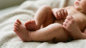 Detalhe das pernas encolhidas e mãos cerradas de um bebê chorando muito, sinais típicos de cólica.