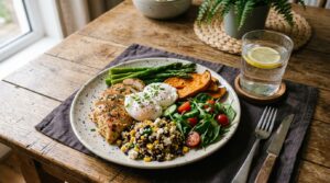 Dieta rica em proteínas e nutrientes essenciais para combater a sarcopenia e a perda de massa muscular no idoso.